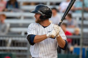 Baseball player at bat ready to swing.