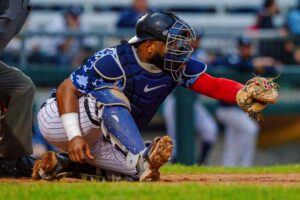 A baseball catcher on the field.