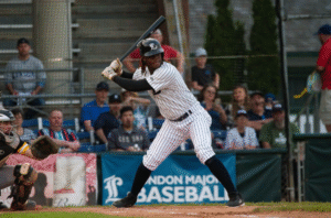 A baseball player at bat.