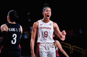 Basketball player wearing a jersey that says Canada
