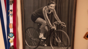 Photograph of a woman on a bicycle
